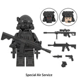 Load image into Gallery viewer, Military Special Air Service soldier custom brick minifigure with black tactical clothing, a helmet and toy weapon accessories.