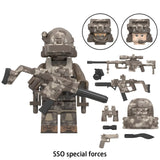 Load image into Gallery viewer, Military SSO Special Forces soldier custom brick minifigure with gray camouflage, tactical goggles and toy weapon accessories.