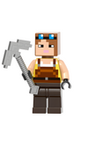 Load image into Gallery viewer, Blacksmith custom brick minifigure from Minecraft, with blue goggles, brown clothing and a gray pickaxe.