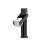 Load image into Gallery viewer, Enderman custom brick minifigure from Minecraft, with a tall black body, purple eyes and gray block accessory.
