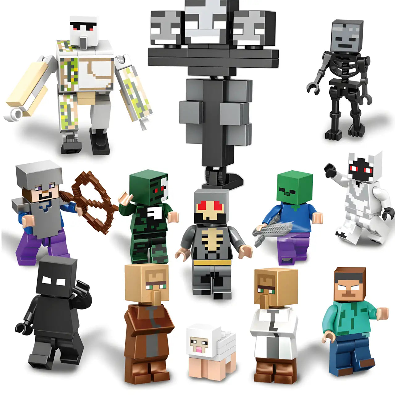 LEGO-compatible Minecraft custom minifigure set showing Herobrine, Wither, Iron Golem and other block-style characters.