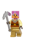 Load image into Gallery viewer, Huntress custom brick minifigure from Minecraft, with pink hair, gold-colored armor and a gray axe.