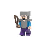 Load image into Gallery viewer, Steve iron armor custom brick minifigure from Minecraft, with an iron-colored helmet, blue shirt and bow.