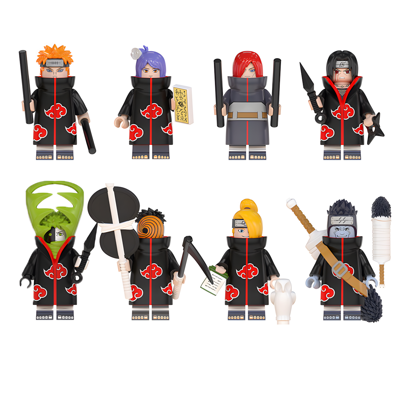 LEGO-compatible Naruto group image showing Itachi, Kisame, Deidara, Konan, orange-mask Obito (Tobi), Nagato, Yahiko and Zetsu.
