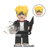 Load image into Gallery viewer, Boruto Uzumaki custom brick minifigure from Naruto, with blond hair, a black-and-pink jacket and clear energy effect.