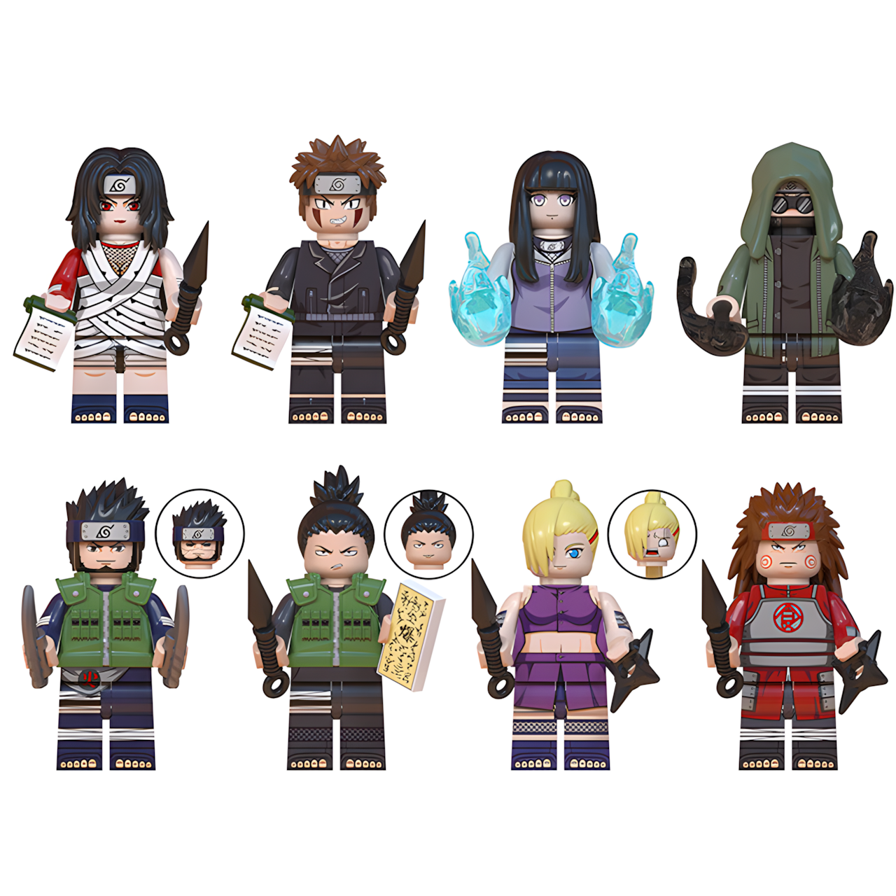LEGO-compatible Naruto custom minifigure set featuring Shino, Hinata, Kiba, Kurenai, Shikamaru, Choji, Ino and Asuma.