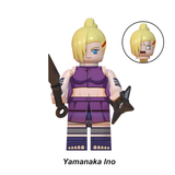 Load image into Gallery viewer, Ino Yamanaka custom brick minifigure from Naruto, with long blond hair, a purple outfit and kunai.