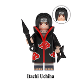 Load image into Gallery viewer, Itachi Uchiha Akatsuki outfit custom brick minifigure from Naruto, with black hair, forehead protector and kunai.