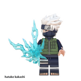 Load image into Gallery viewer, Kakashi Hatake custom brick minifigure from Naruto, with silver hair, face mask, green vest and blue lightning effects.