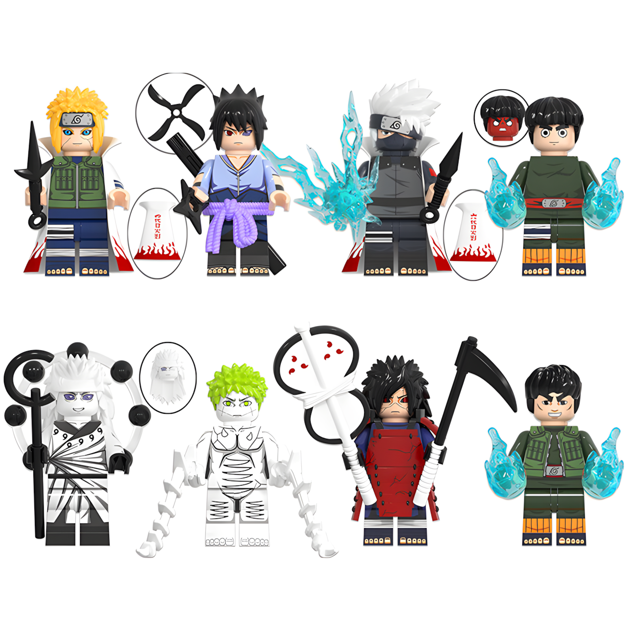 LEGO-compatible Naruto Shippuden custom minifigure set featuring Kakashi, Minato, Sasuke, Might Guy, Rock Lee, White Zetsu and two Madara variants.