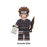 Load image into Gallery viewer, Kiba Inuzuka custom brick minifigure from Naruto, with brown hair, red cheek markings and kunai.