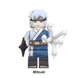 Load image into Gallery viewer, Mitsuki custom brick minifigure from Naruto, with pale blue hair, blue clothing and white snake accessory.