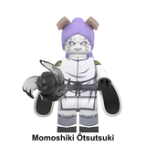 Load image into Gallery viewer, Momoshiki Otsutsuki custom brick minifigure from Naruto, with pale clothing, purple hair and a dark energy effect.