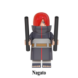 Load image into Gallery viewer, Nagato custom brick minifigure from Naruto, with long red hair, gray clothing and black rod accessories.