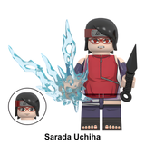 Load image into Gallery viewer, Sarada Uchiha custom brick minifigure from Naruto, with red glasses, a red vest and blue lightning effects.