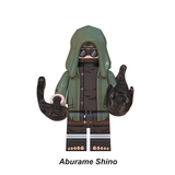 Load image into Gallery viewer, Shino Aburame custom brick minifigure from Naruto, with a green hood, dark glasses and black hand effects.