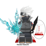Load image into Gallery viewer, Kakashi Hatake cloak variant custom brick minifigure from Naruto Shippuden, with silver hair, a face mask and blue lightning effects.