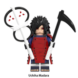 Load image into Gallery viewer, Madara Uchiha red armor custom brick minifigure from Naruto Shippuden, with long black hair, red armor, war fan and scythe.
