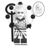 Load image into Gallery viewer, Madara Uchiha white-robed variant custom brick minifigure from Naruto Shippuden, with white hair, black orb accessories and staff.