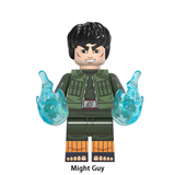 Load image into Gallery viewer, Might Guy custom brick minifigure from Naruto Shippuden, with a green flak vest, bowl haircut and blue hand effects.