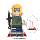 Load image into Gallery viewer, Minato Namikaze custom brick minifigure from Naruto Shippuden, with blond hair, white Hokage cloak and kunai.