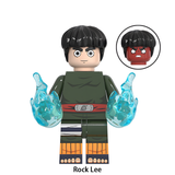 Load image into Gallery viewer, Rock Lee custom brick minifigure from Naruto Shippuden, with a green jumpsuit, bowl haircut and blue hand effects.