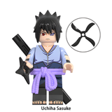 Load image into Gallery viewer, Sasuke Uchiha rope-belt outfit custom brick minifigure from Naruto Shippuden, with a gray shirt, purple rope belt and large black shuriken.