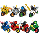 Load image into Gallery viewer, Golden Lloyd, Digi Zane, Digi Jay, Digi Cole, Digi Nya, Digi Kai, Avatar Cole, and Island Lloyd on racing bikes Ninjago LEGO-compatible minifigure | custom brick minifigures
