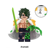 Load image into Gallery viewer, Aramaki (Green Bull) custom brick minifigure from One Piece, with green hair, a Marine coat and green plant effects.