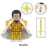 Load image into Gallery viewer, Borsalino (Kizaru) custom brick minifigure from One Piece, with a yellow striped suit, Marine coat and gold-colored sword.