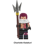 Load image into Gallery viewer, Charlotte Katakuri custom brick minifigure from One Piece, with a tall collar and long trident.