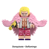 Load image into Gallery viewer, Donquixote Doflamingo custom brick minifigure from One Piece, with sunglasses, a pink feathered coat and gold-colored pistol.