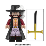 Load image into Gallery viewer, Dracule Mihawk custom brick minifigure from One Piece, with a black wide-brimmed hat and large cross-shaped sword.
