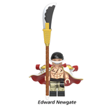 Load image into Gallery viewer, Edward Newgate (Whitebeard) custom brick minifigure from One Piece, with a crescent mustache, red cape and long polearm.