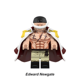 Load image into Gallery viewer, Edward Newgate (Whitebeard) custom brick minifigure from One Piece, with a black head covering, white cape and crescent mustache.