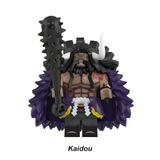 Load image into Gallery viewer, Kaidou custom brick minifigure from One Piece, with large horns, a dark cape and spiked club.
