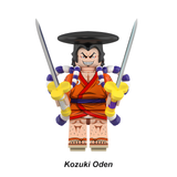Load image into Gallery viewer, Kozuki Oden custom brick minifigure from One Piece, with orange clothing, a broad black hairstyle and two swords.