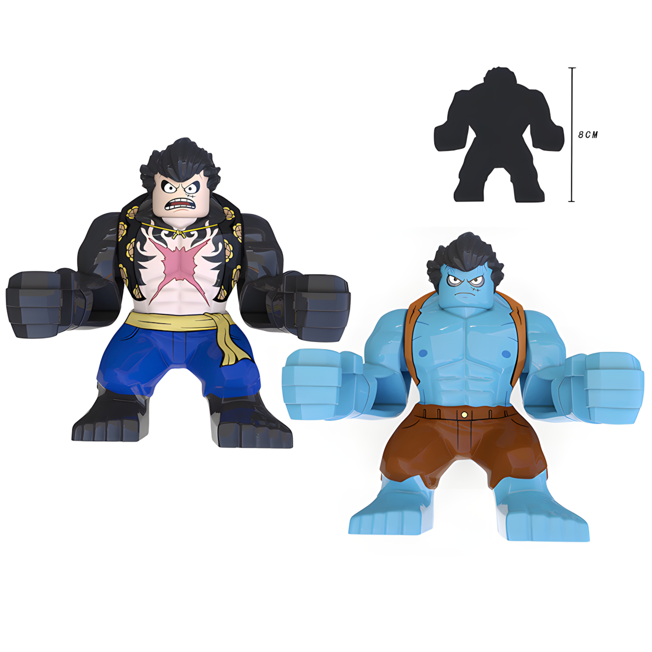 LEGO-compatible One Piece custom minifigure set showing Luffy Gear 4 and blue Nightmare Luffy side by side, with an 8 cm height guide.