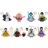 Load image into Gallery viewer, LEGO-compatible One Piece custom minifigure set showing Marine admirals, Kuzan (Aokiji), Garp, Sengoku and Doflamingo.