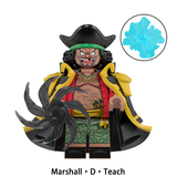 Load image into Gallery viewer, Marshall D. Teach (Blackbeard) custom brick minifigure from One Piece, with a black hat, dark coat and blue energy effect inset.