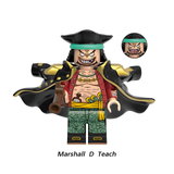 Load image into Gallery viewer, Marshall D. Teach (Blackbeard) custom brick minifigure from One Piece, with a black pirate hat, open coat and green trousers.