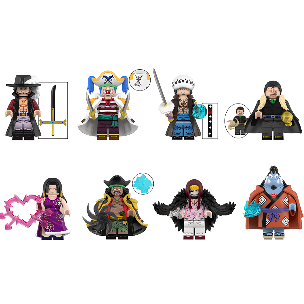 LEGO-compatible One Piece custom minifigure set showing eight characters, including Mihawk, Hancock and Law.