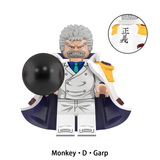 Load image into Gallery viewer, Monkey D. Garp custom brick minifigure from One Piece, with gray hair, white Marine coat and a black cannonball.