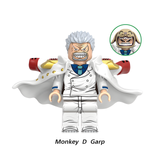 Load image into Gallery viewer, Monkey D. Garp custom brick minifigure from One Piece, with gray hair and a white Marine coat.