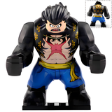 Load image into Gallery viewer, Monkey D. Luffy Gear 4 custom brick minifigure from One Piece, with enlarged black arms, a chest scar and a rear-view inset.