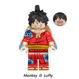Load image into Gallery viewer, Monkey D. Luffy Wano outfit custom brick minifigure from One Piece, with a red kimono and black topknot.