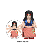 Load image into Gallery viewer, Nico Robin custom brick minifigure from One Piece, with long black hair, a pink skirt and extra arm accessories.
