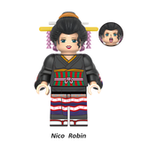 Load image into Gallery viewer, Nico Robin Wano outfit custom brick minifigure from One Piece, with a black kimono, floral hair ornaments and an alternate face inset.