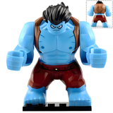 Load image into Gallery viewer, Nightmare Luffy custom brick minifigure from One Piece, with blue skin, brown shorts and a rear-view inset.