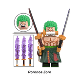 Load image into Gallery viewer, Roronoa Zoro custom brick minifigure from One Piece, with green hair, multiple swords and alternate weapon effects.